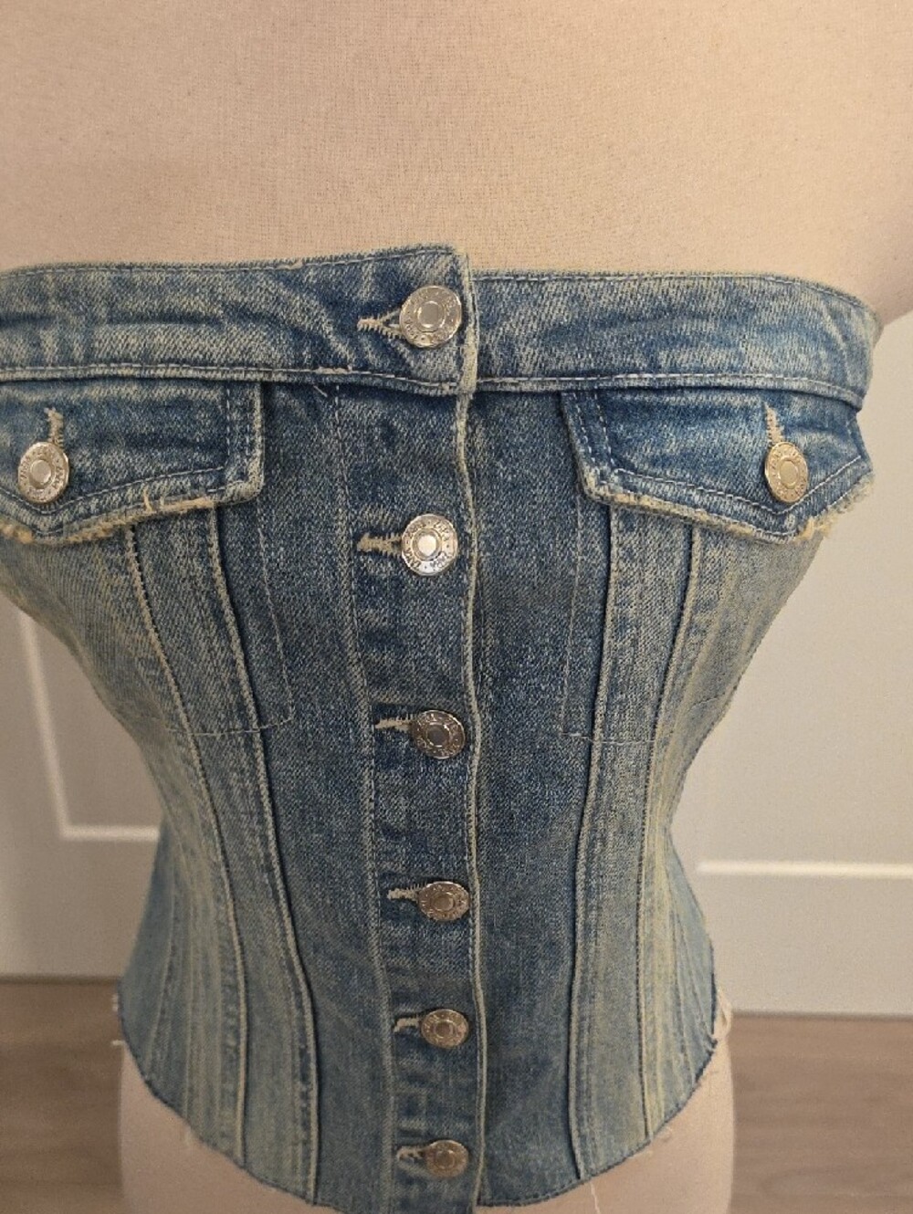 Zara Light Blue Denim strapless Button-Front Corset Top size M new with tags - Picture 3 of 10